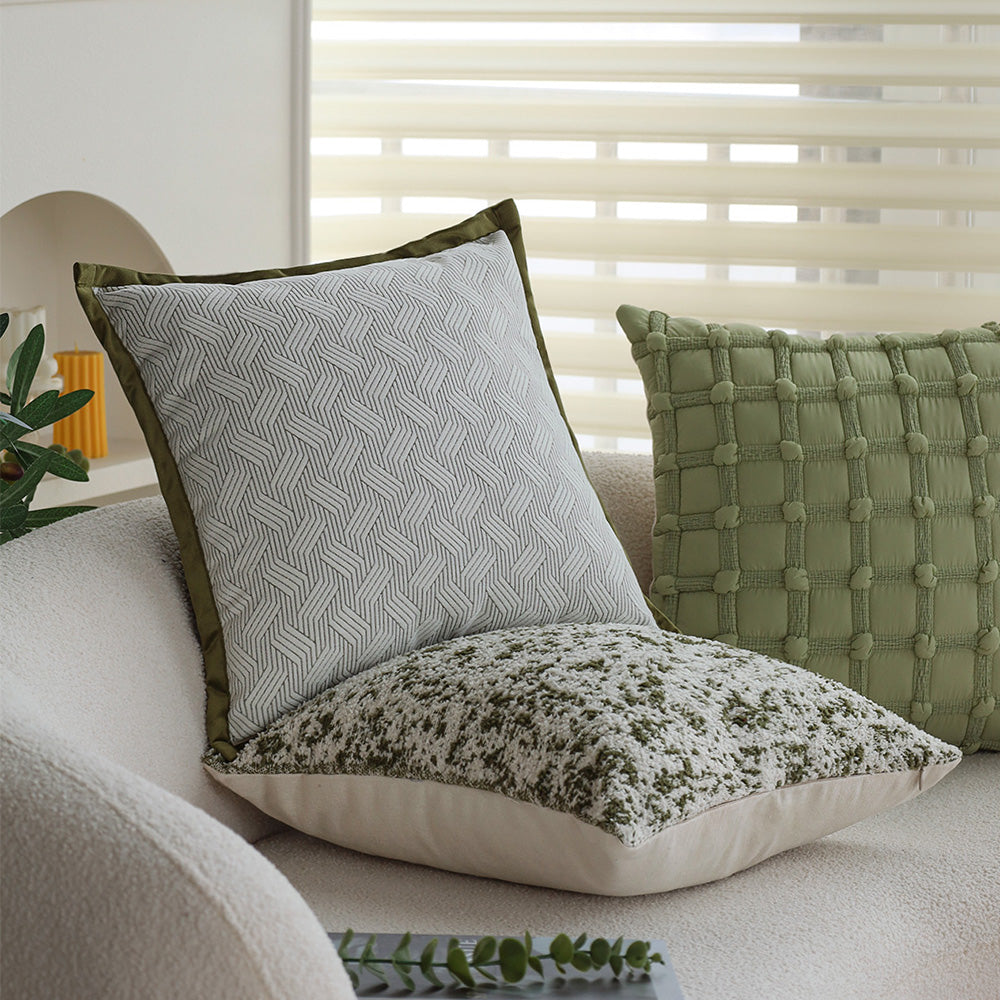 18x18 Square Throw Pillow Set | Herringbone Trio | Neutral White & Olive Green Accents