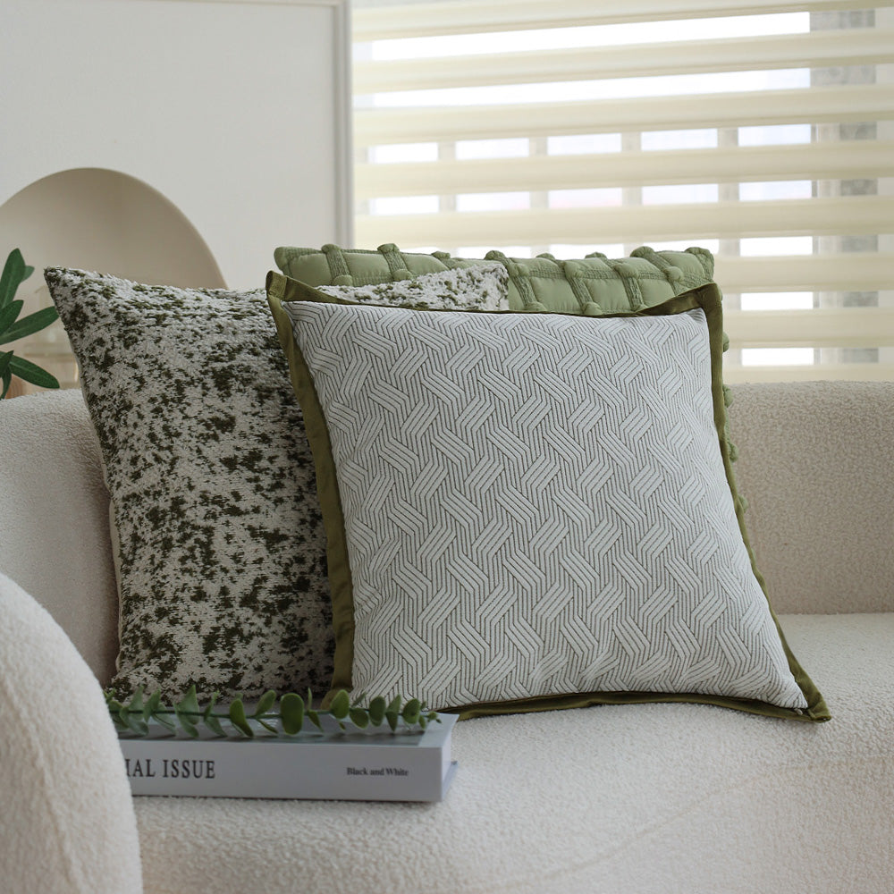 18x18 Square Throw Pillow Set | Herringbone Trio | Neutral White & Olive Green Accents