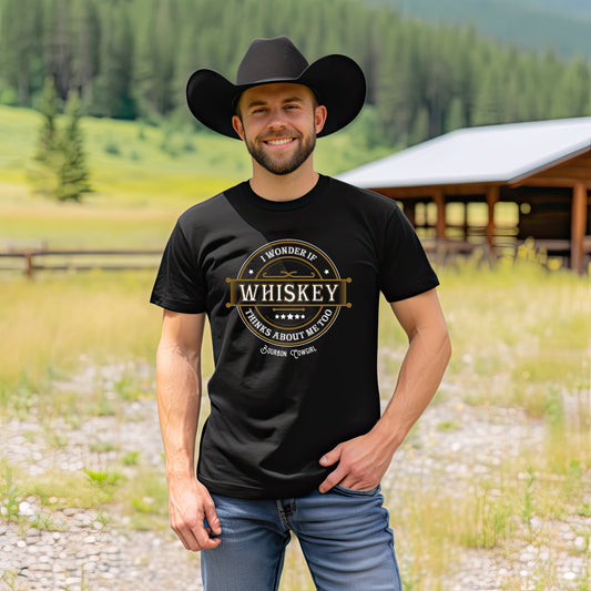 I Wonder if Whiskey Thinks About Me Too Graphic Tee - Bourbon Cowgirl