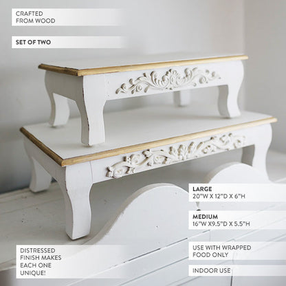 Antique Inspired Ornate White Wood Risers, Set of Two