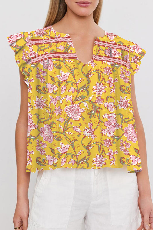 Floral Ruffle Sleeve Notched Neck Blouse