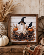 Spooky Ghost and Wagon Framed Fall Wood Sign