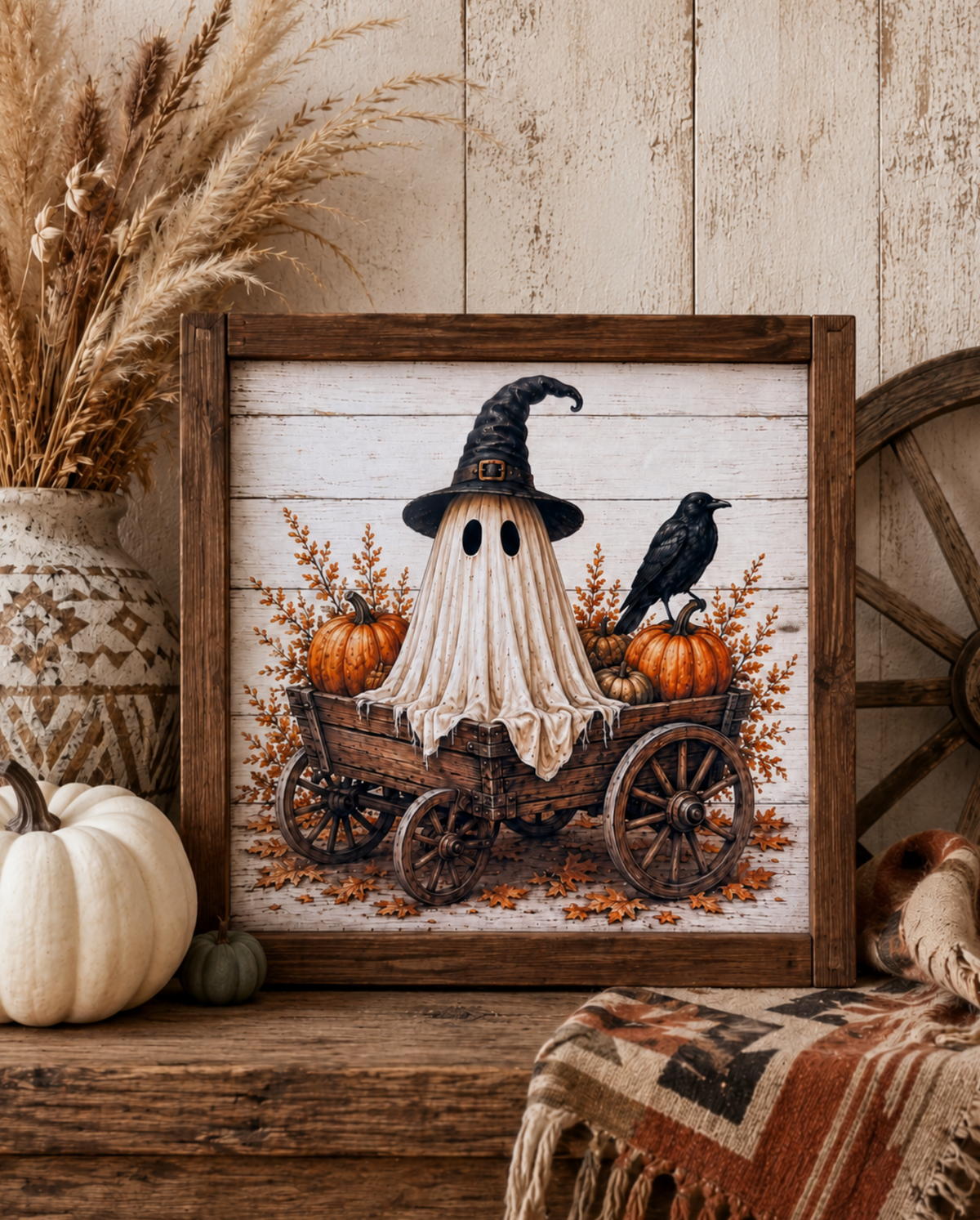 Spooky Ghost and Wagon Framed Fall Wood Sign