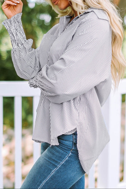 Stripe Smocked Cuff Buttoned Shirt