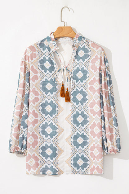 Geometric Tassel Tie V-Neck Blouse