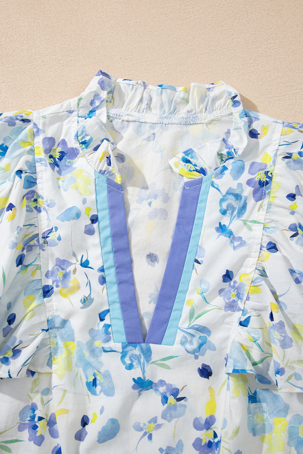 Floral Frilled Notched V-Neck Blouse