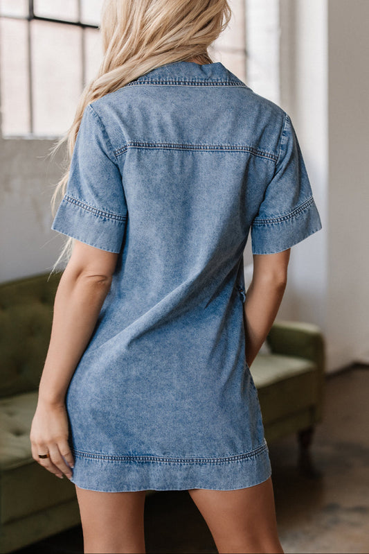 Denim Collared V-Neck Pocketed Dress