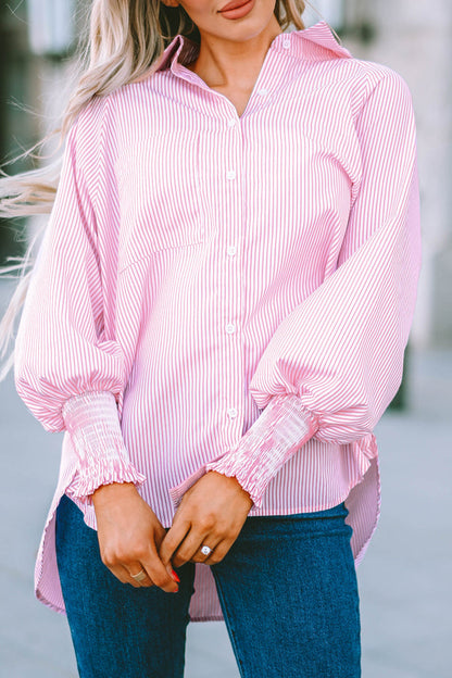 Stripe Smocked Cuff Buttoned Shirt