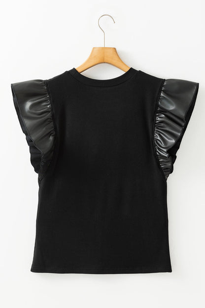 Leather Patchwork Ruffle Sleeve Blouse