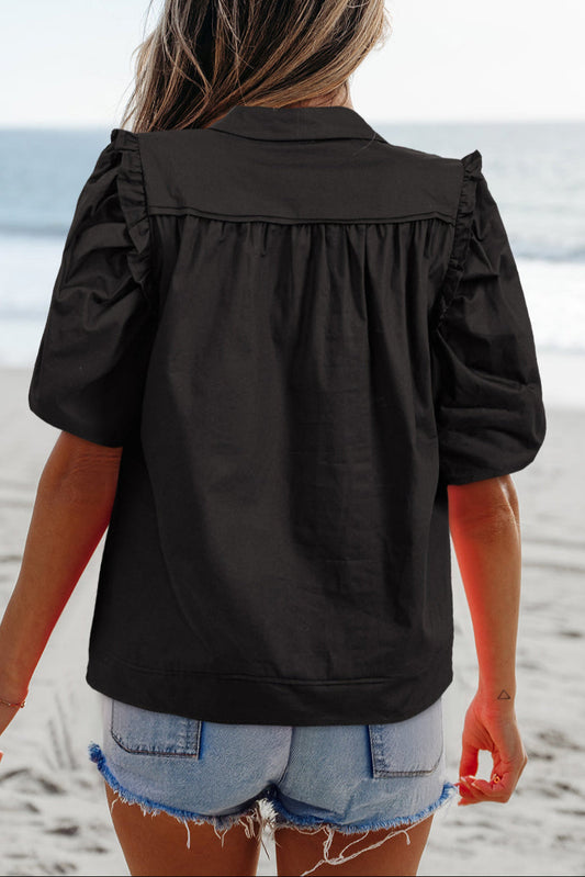 Frilled Puff Sleeve Buttoned Shirt