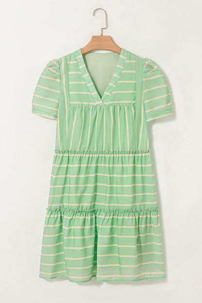 Stripe V-Neck Ruffle Tiered Dress