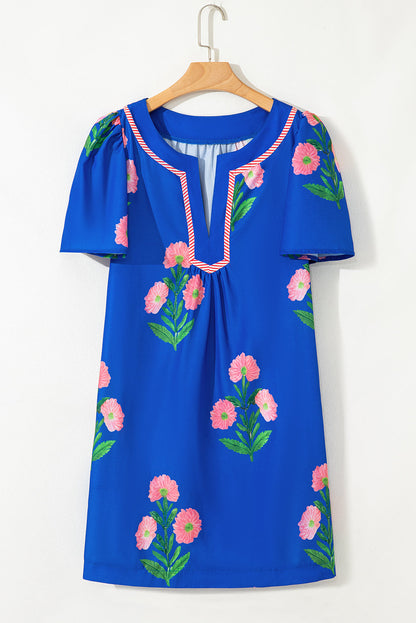 Floral Split Neck Mini Dress