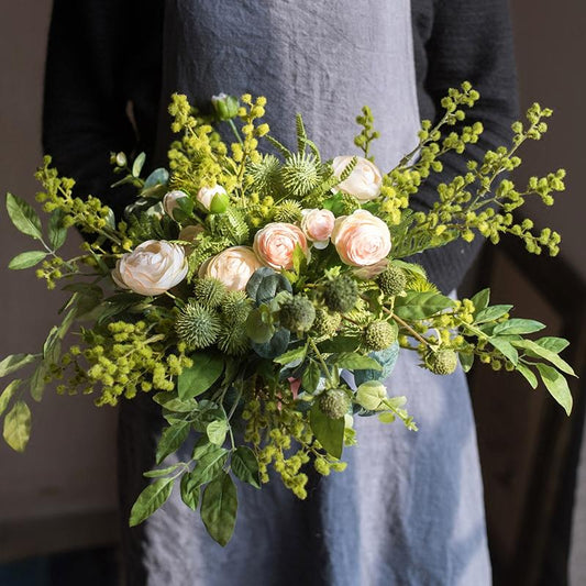 Artificial Flower Bouquet Greenery White Rose Bouquet 13" Tall