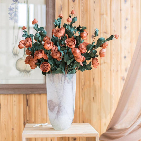 Faux Silk Artificial Flower PE French Rose Bloom Stem Set in Red 25" Tall