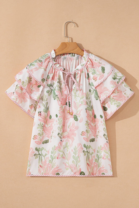 Floral Stripe Contrast Ruffle Sleeve Blouse