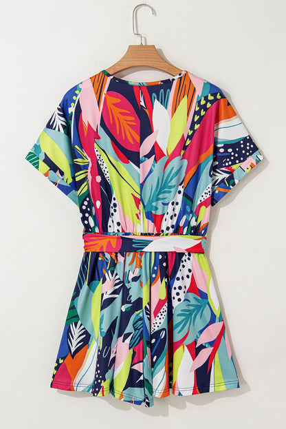 Tropical Wrap V-Neck Belted Romper