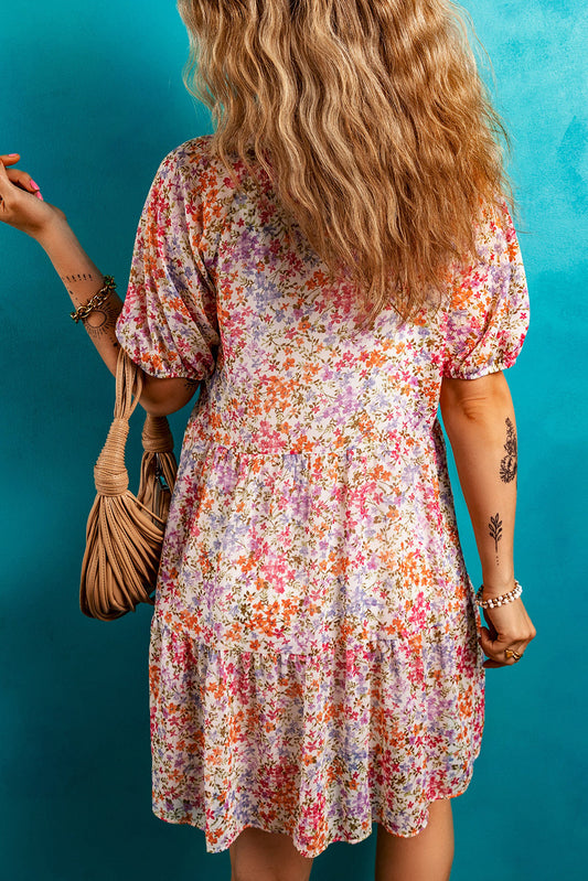 Floral Frilled V-Neck Puff Sleeve Dress
