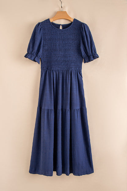 Smocked Short Sleeve Midi Dress