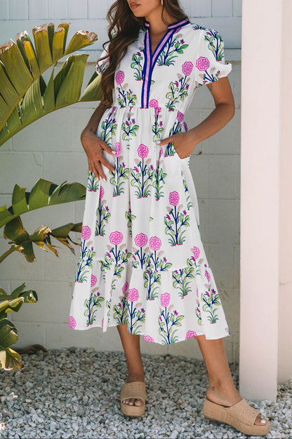 Floral Puff Sleeve V-Neck Midi Dress