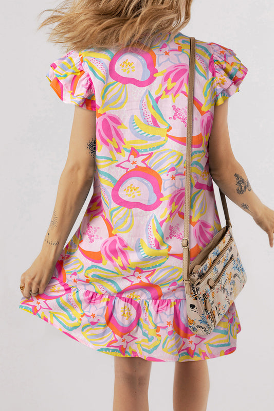 Abstract Floral Ruffle Buttoned Dress