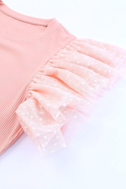 Dotted Mesh Ruffle Sleeve Top