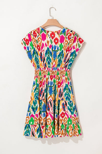 Abstract V-Neck Ruffle Mini Dress