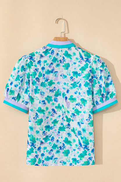 Floral Stripe V-Neck Puff Sleeve Blouse