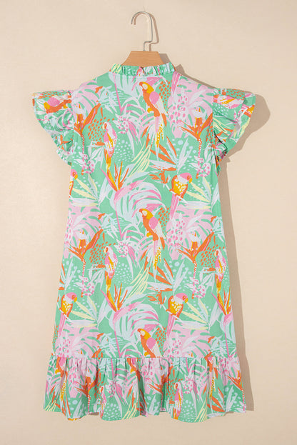 Abstract Floral Ruffle Buttoned Dress