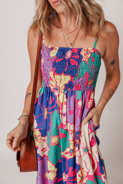 Floral Shirred Spaghetti Strap Maxi Dress