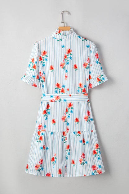 Stripe Floral Belted Mini Dress