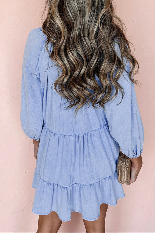 Denim Chambray Puff Sleeve Mini Dress