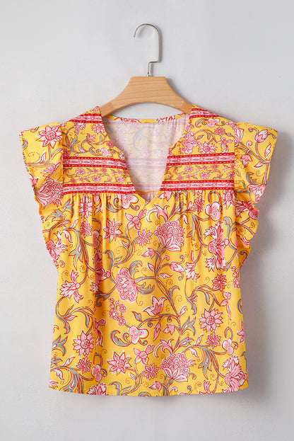 Floral Ruffle Sleeve Notched Neck Blouse