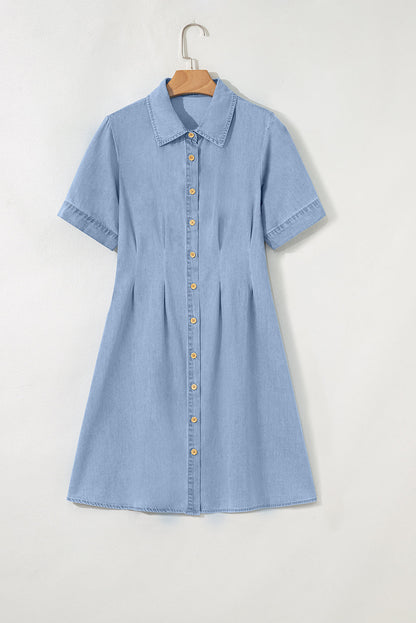 Denim Pleated Short Sleeve Shirt Dress