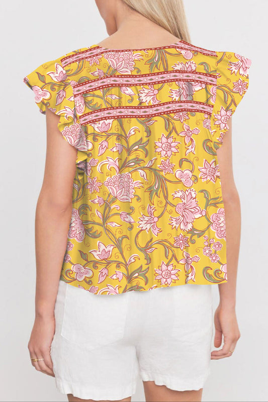 Floral Ruffle Sleeve Notched Neck Blouse