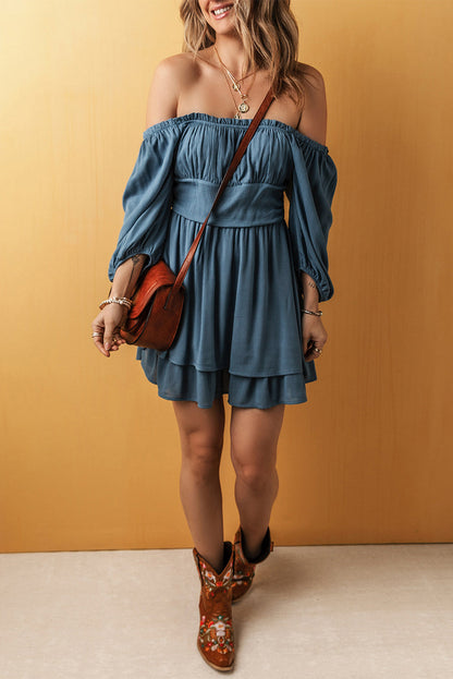 Ruched 3/4 Sleeve Layered Mini Dress