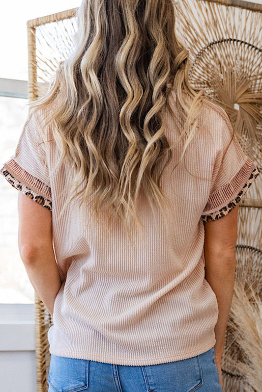 Leopard Colorblock Corded Knit T-Shirt