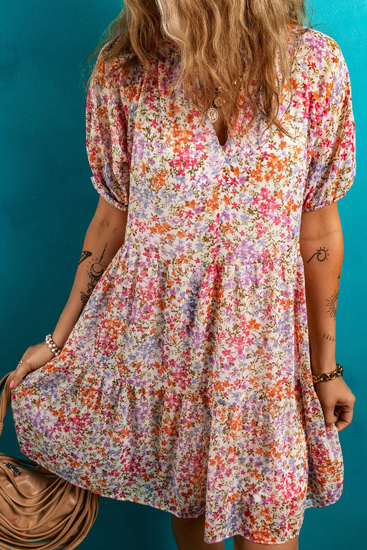 Floral Frilled V-Neck Puff Sleeve Dress