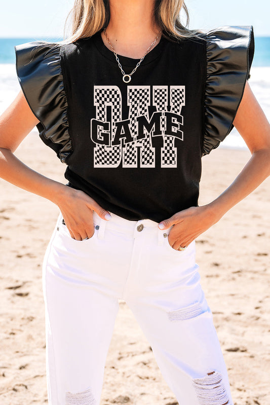Game Day Checker Ruffle Sleeve Top