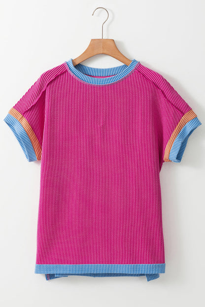 Contrast Trim Corded Knit T-Shirt