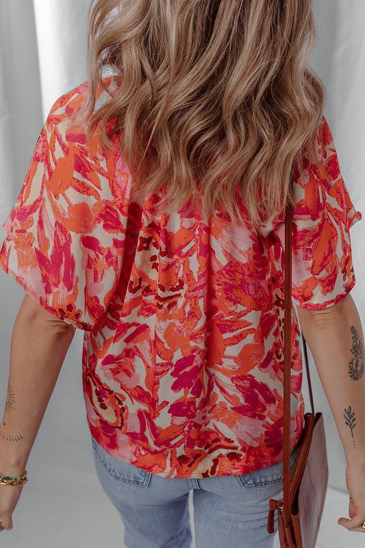 Abstract Stripe Trim Split Neck Blouse