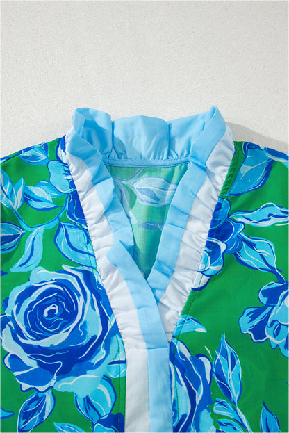 Floral Contrast Frilled V-Neck Blouse