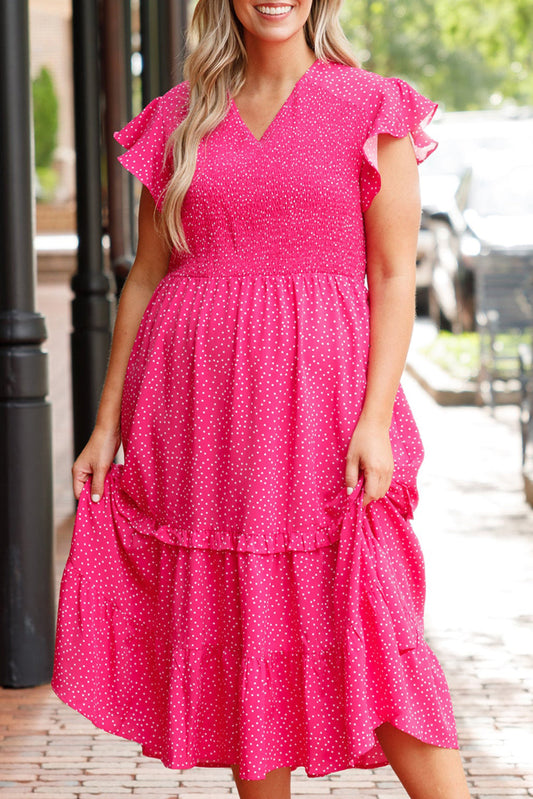 Plus Size Polka Dot V-Neck Midi Dress