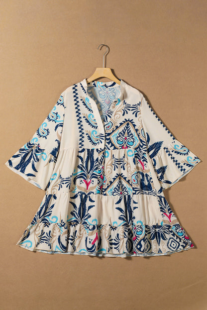Boho 3/4 Sleeve Buttoned Mini Dress