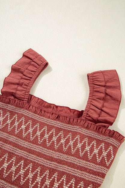 Geometric Embroidered Ruffle Mini Dress