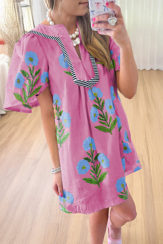 Floral Split Neck Mini Dress