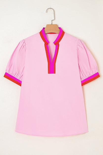 Stripe V-Neck Puff Sleeve Blouse
