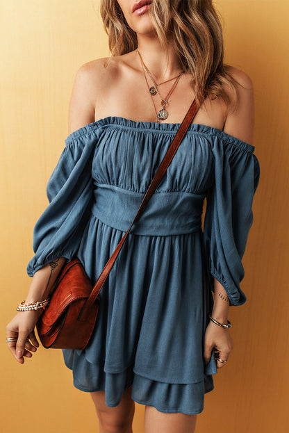 Ruched 3/4 Sleeve Layered Mini Dress