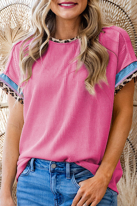 Leopard Patchwork Corded Knit T-Shirt