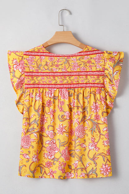 Floral Ruffle Sleeve Notched Neck Blouse