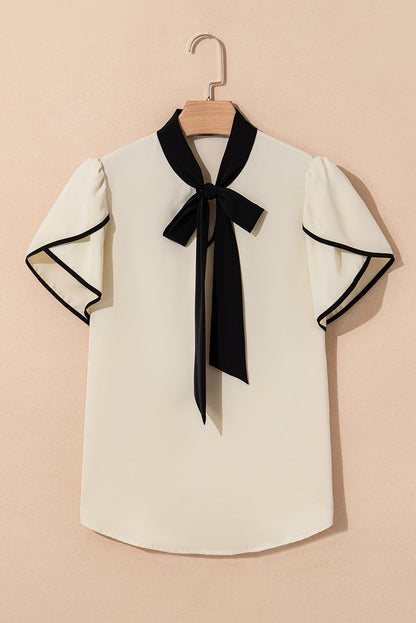 Stripe Contrast Bow Neckline Blouse